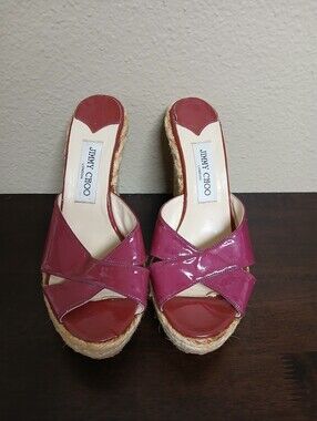 🖤JIMMY CHOO Pink Patent Leather Espadrille Wedge Sandals - SIZE 39